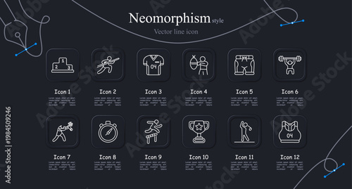 Sports competition set icon. Winners podium, biathlon skiing, team jersey, rugby play, athletic shorts, weightlifting barbell, tennis serve, stopwatch timing, hurdling athlete