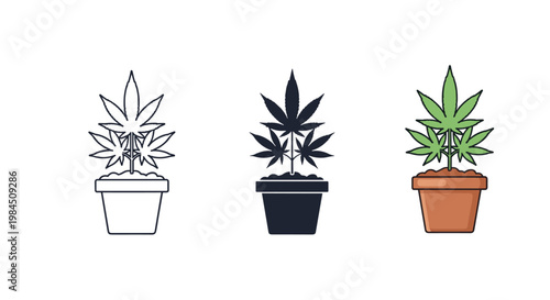 Set of icons showing a cannabis or marijuana plant in a ceramic pot in outline, silhouette, and colored flat styles.