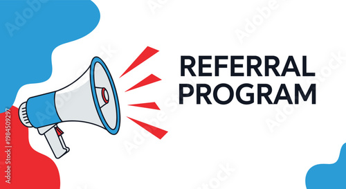 Professional banner for a referral program featuring a megaphone illustration and colorful abstract shapes in a clean modern design.