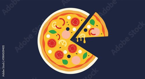 Colorful top view illustration of a whole pizza with various toppings like tomatoes and mushrooms with one slice being pulled away.