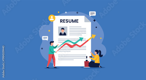 Business concept illustration showing a resume document with growth charts and professionals working to improve their career prospects.