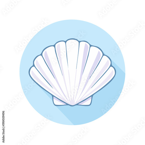 Stylized Flat Illustration of a White Scallop Seashell in a Blue Circle
