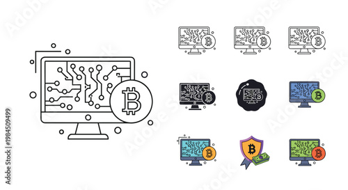 Detailed icon set showing a computer monitor with circuit patterns and a bitcoin symbol for cryptocurrency mining and digital finance themes.