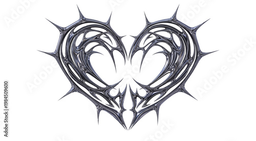 Abstract metallic chrome heart shape with sharp thorns and spikes
