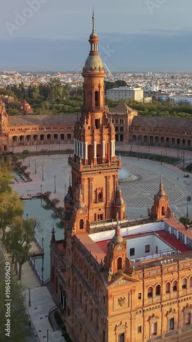 Wallpaper Mural Vertical drone flight around the majestic tower of Plaza de Espana in Seville, brick architecture of this Spanish landmark. Monumental complex of Plaza de Espana from above, Seville Torontodigital.ca