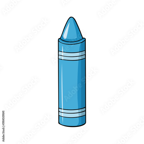 A single vibrant blue crayon with white stripes on a clean white background for drawing and creativity