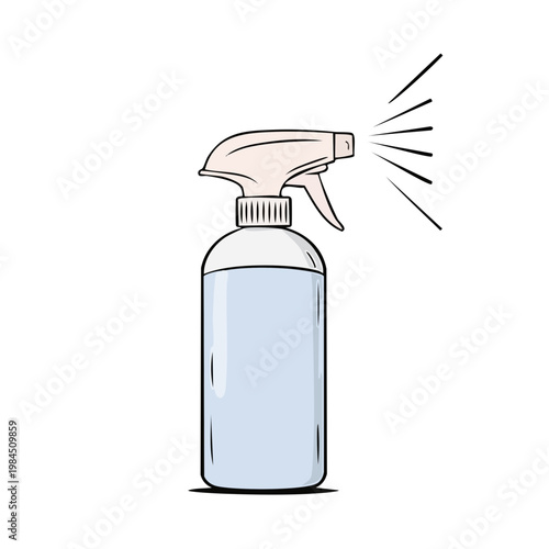 Cartoon spray bottle dispensing a fine mist of liquid for cleaning and hygiene purposes