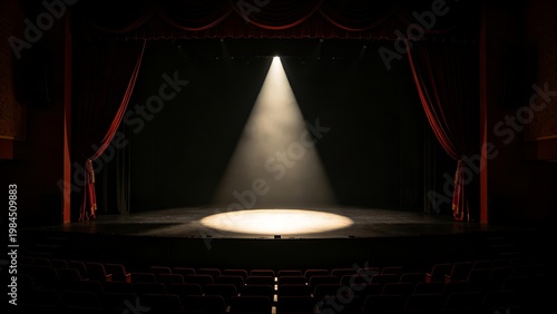 mortification. Theater curtain rises on an empty stage under a single dramatic spotlight. event programs, museum guides, designed for cultural heritage projects and event programs.