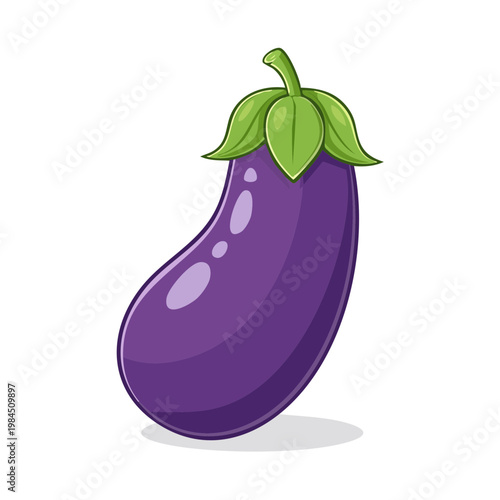 Single Ripe Eggplant Vegetable Illustration with Green Stem and Leaves