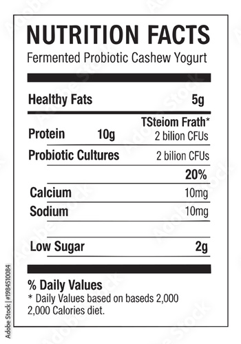 Nutrition facts label for fermented probiotic cashew yogurt cut out isolated illustration on transparent background layout