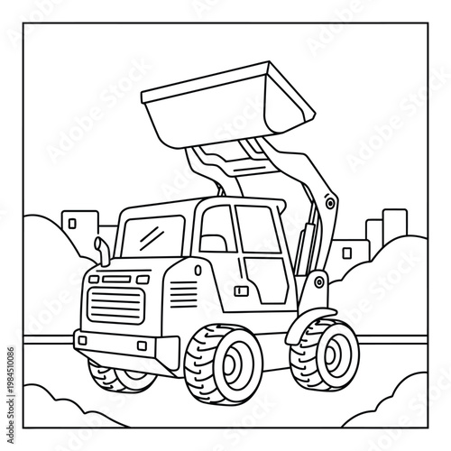 Wheel loader construction vehicle lifting front bucket in urban work site scene coloring page illustration for kids