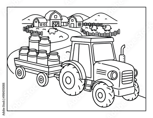 Farm tractor pulling trailer loaded with milk cans on countryside farm scene coloring page illustration for kids