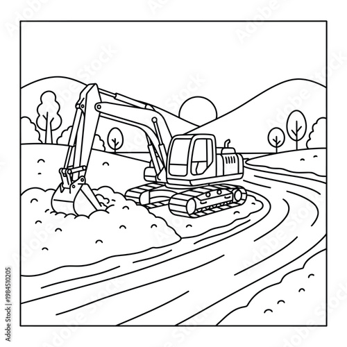 Excavator digging soil beside curved road in countryside landscape coloring page illustration for kids