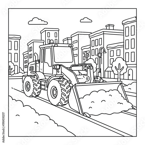 Wheel loader construction vehicle pushing dirt on city street scene coloring page illustration for kids