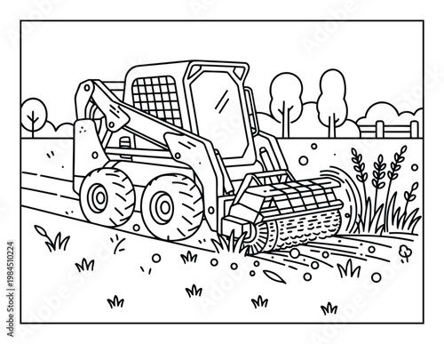 Skid steer loader with brush cutter attachment clearing grass on roadside coloring page illustration for kids