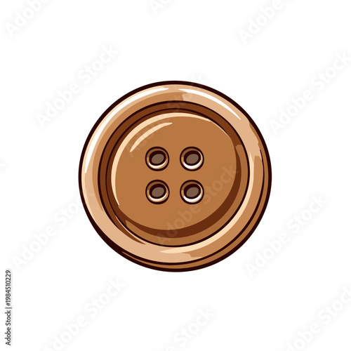 Round brown sewing button with four holes in cartoon style isolated on white