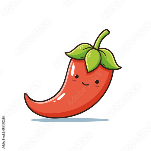Cute cartoon red chili pepper with a smiling face and green leaves