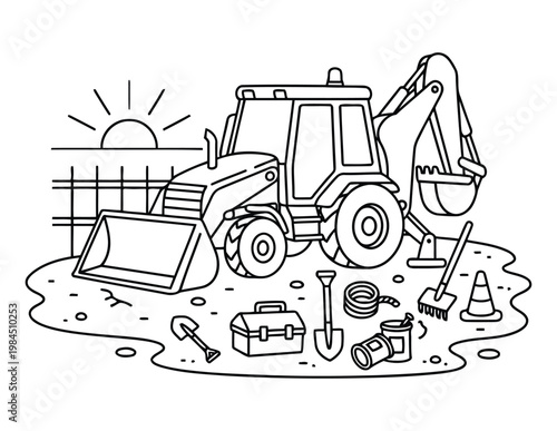 Backhoe loader construction vehicle with tools at work site scene coloring page illustration for kids