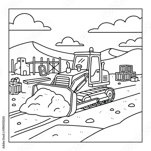 Bulldozer construction vehicle pushing soil at building site with mountains coloring page illustration for kids