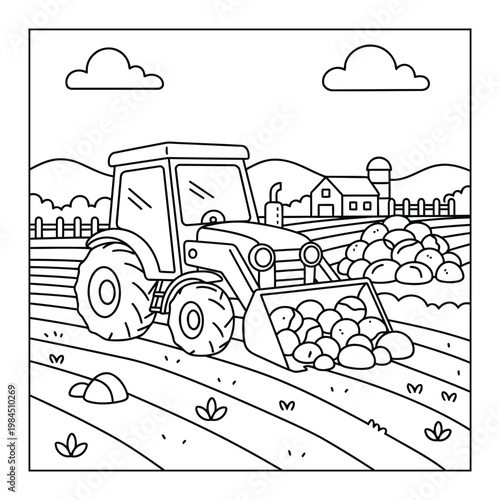  Farm tractor harvesting potatoes in field with rural barn landscape coloring page illustration for kids