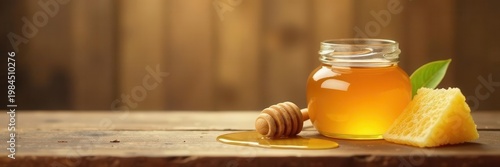 Golden honey in jar, honeycomb, wooden dipper & spoon Flat vector , natural, flowers, spoon