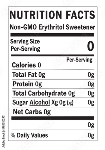 Nutrition facts label for erythritol sweetener packaging cut out isolated illustration on transparent background layout