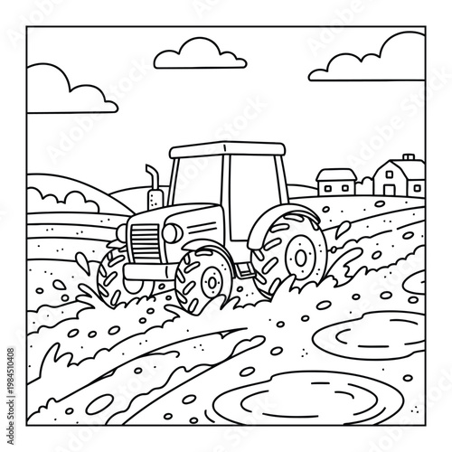 Tractor driving through muddy field with splashing water on farm coloring page illustration