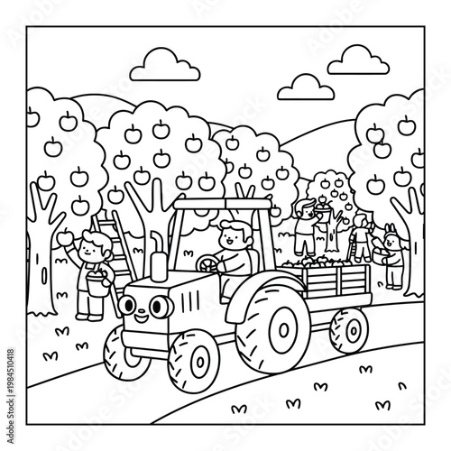 Tractor carrying apples in orchard with farmers harvesting fruit coloring page illustration