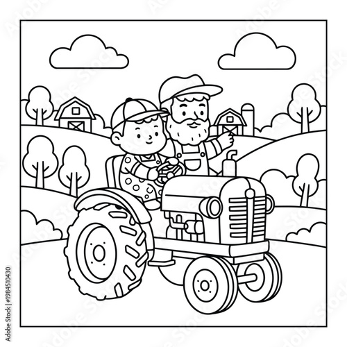 Tractor with farmer and child driving on rural farmland scene coloring page illustration