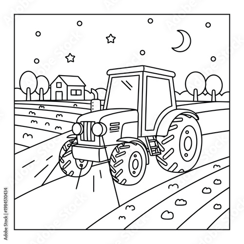 Tractor driving at night on farm road under stars and moon coloring page illustration