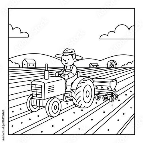 Tractor planting seeds in farmland with farmer driving across rural field coloring page illustration