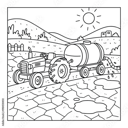 Irrigation tractor watering dry soil on a farm with a large water tank for children coloring page