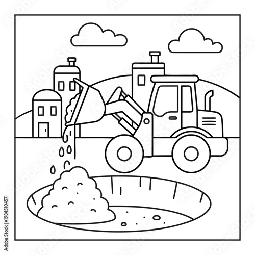 Excavator dumping soil into pit at construction site with buildings background coloring page illustration