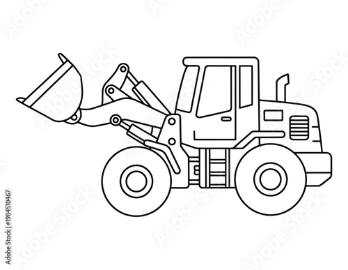 Wheel loader construction machine with bucket lifted in clean outline style coloring page illustration