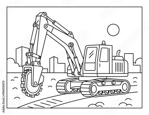 Excavator trenching machine with cutting wheel working on road construction site coloring page illustration