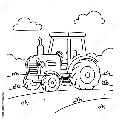 Tractor driving on countryside hills with simple farm landscape coloring page illustration