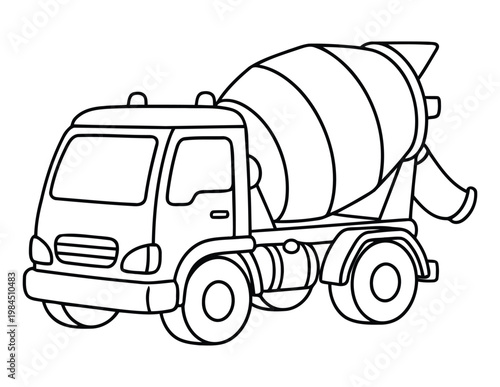  Concrete mixer truck construction vehicle with rotating drum in clean outline style coloring page illustration