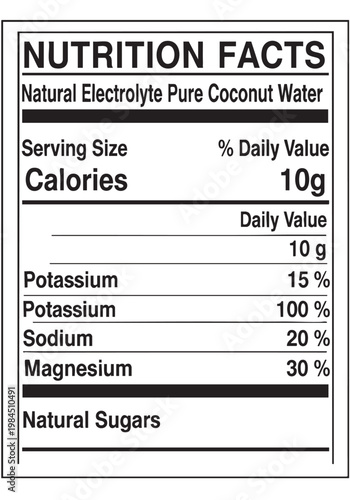 Nutrition facts label for coconut water product cut out isolated illustration on transparent background layout