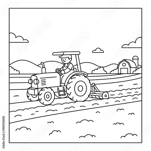 Tractor farmer plowing farmland field in rural countryside clean outline coloring page