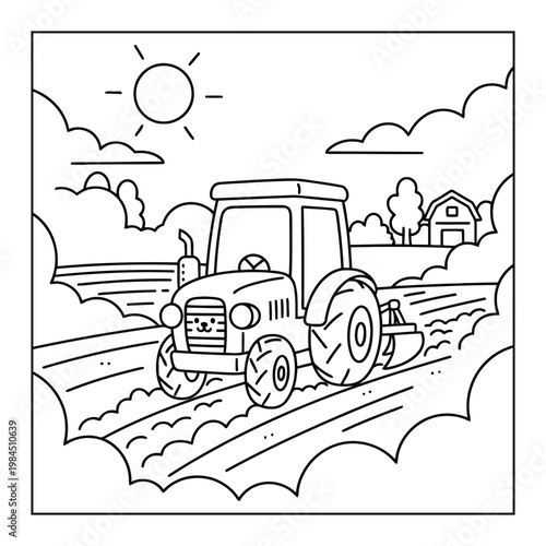 Tractor farm vehicle plowing field under sunny sky in clean outline coloring page