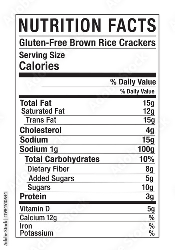 Nutrition facts label for gluten free crackers cut out isolated illustration on transparent background layout