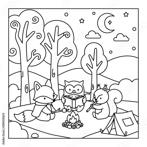 Cute forest animals camping around campfire at night clean outline coloring page