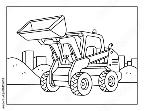 Backhoe loader construction vehicle with raised bucket in clean outline coloring page