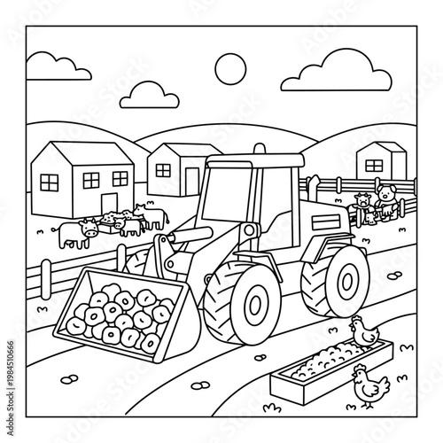  Farm loader tractor carrying harvest crops in rural village clean outline coloring page