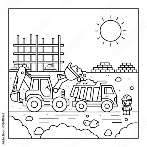Backhoe loader dumping soil into truck at construction site clean outline coloring page