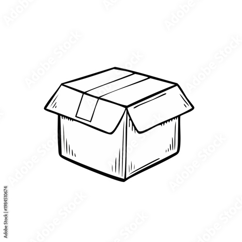 Hand drawn sketch of an open cardboard shipping box with taped lid ready for packing