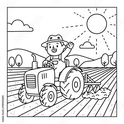 Farmer driving tractor plowing field under sunny sky clean outline coloring page
