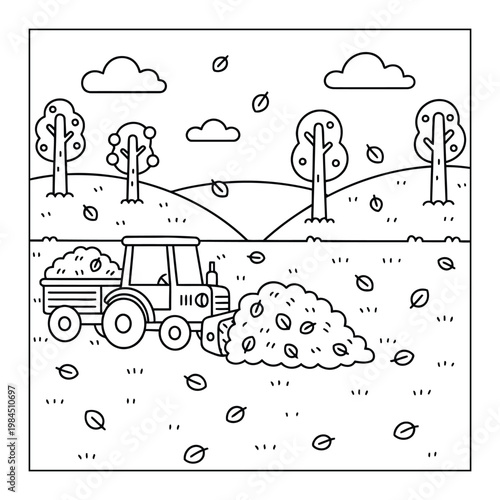 Tractor collecting autumn leaves in countryside field clean outline coloring page