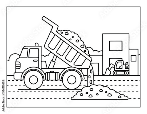 Dump truck unloading dirt on construction site coloring page clean outline