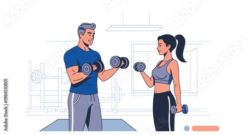 couple working out with dumbbells in gym